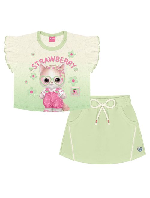 Conjunto Infantil Menina Blusa Cropped E Shorts-Saia Strawberry Off White E Verde Cinti