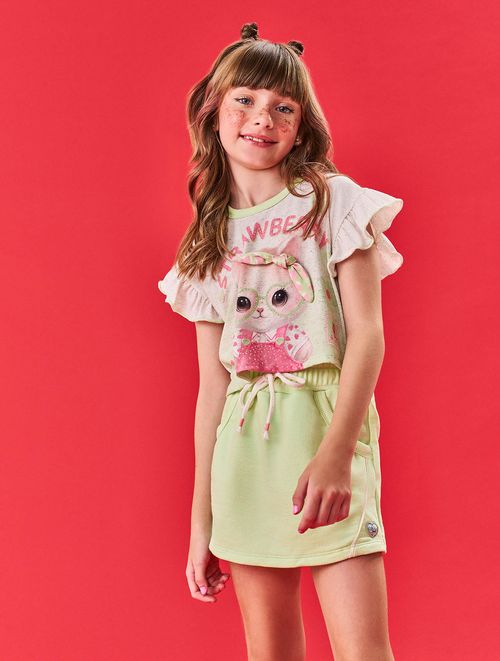 Conjunto Infantil Menina Blusa Cropped E Shorts-Saia Strawberry Off White E Verde Cinti