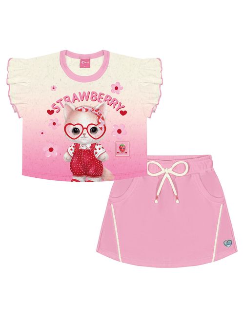 Conjunto Infantil Menina Blusa Cropped E Shorts-Saia Strawberry Off White E Rosa Cinti