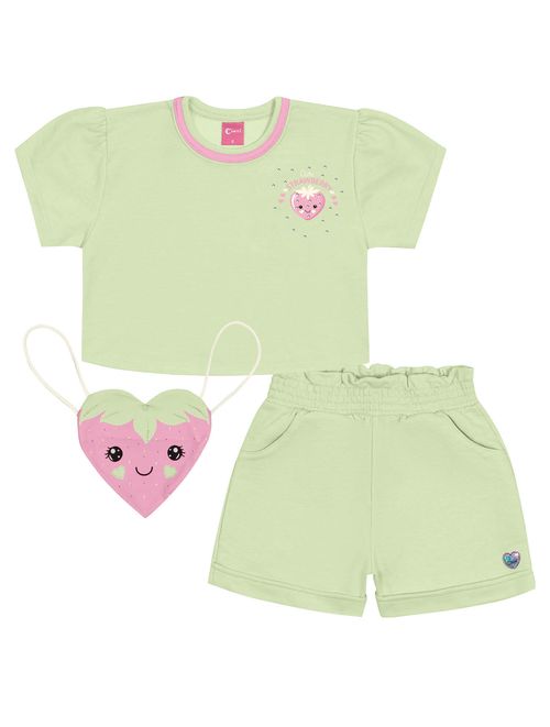 Conjunto Infantil Menina Blusa, Short E Mochila Strawberry Verde E Rosa Cinti