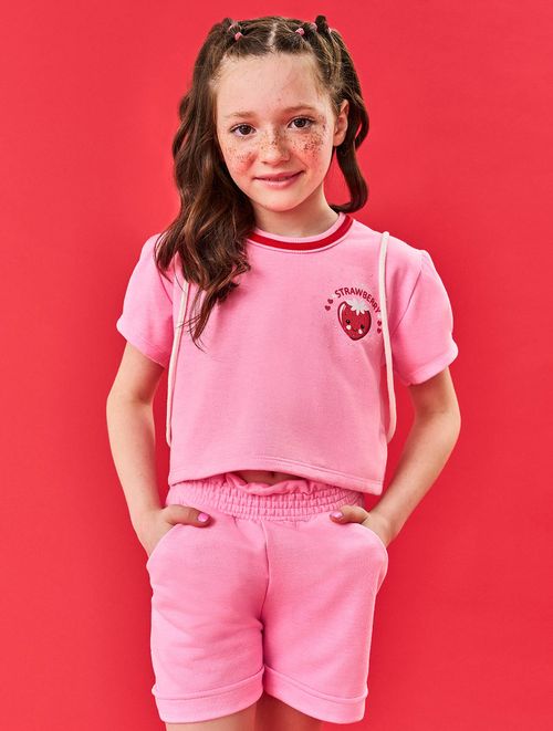 Conjunto Infantil Menina Blusa, Short E Mochila Strawberry Verde E Rosa Cinti