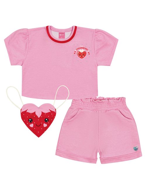 Conjunto Infantil Menina Blusa, Short E Mochila Strawberry Rosa E Vermelho Cinti