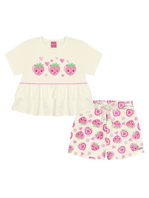 Conjunto Infantil Menina Blusa E Short Strawberry Natural E Rosa Cinti