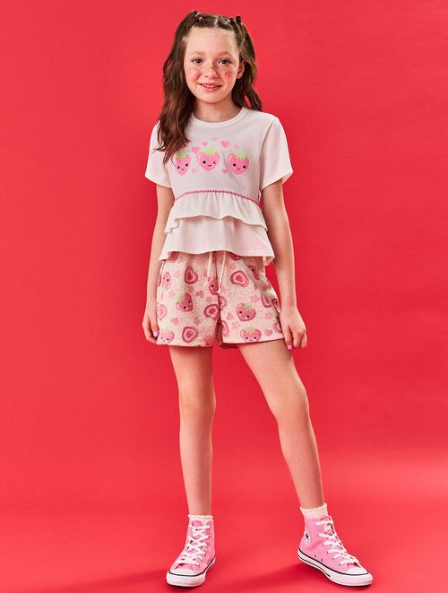 Conjunto Infantil Menina Blusa E Short Strawberry Natural E Rosa Cinti