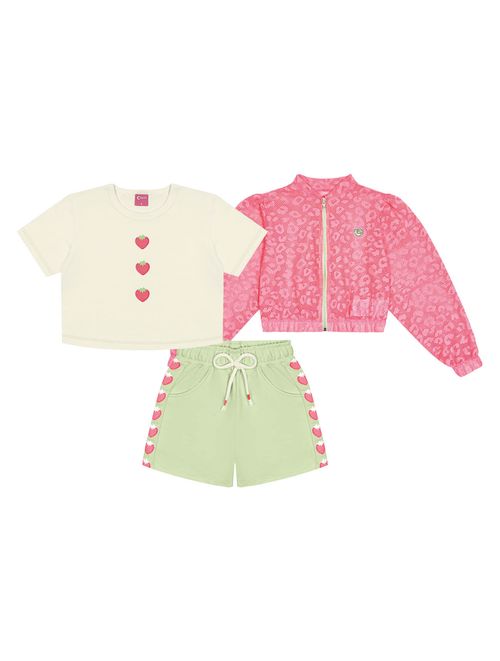 Conjunto Infantil Menina Blusa, Short E Corta Vento Strawberry Natural, Rosa E Verde Cinti