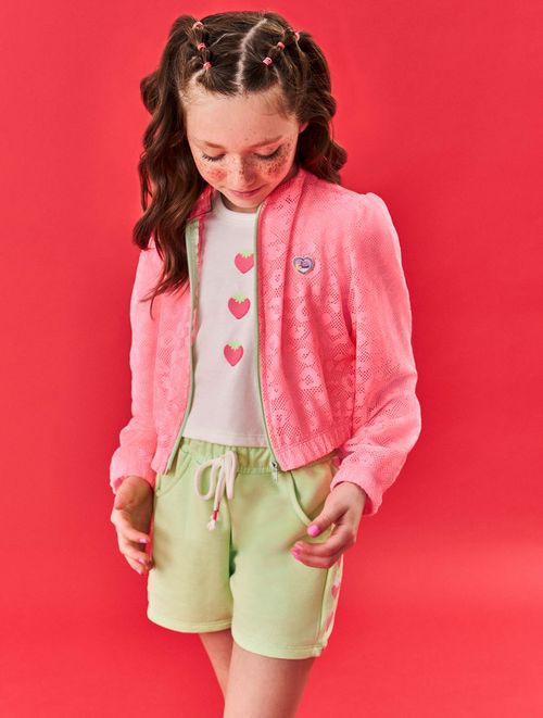 Conjunto Infantil Menina Blusa, Short E Corta Vento Strawberry Natural, Rosa E Verde Cinti