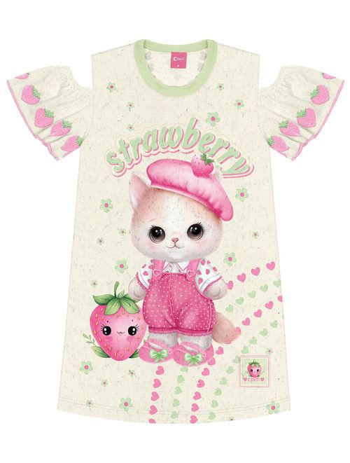 Vestido Infantil Menina Strawberry Gatinha Off White E Verde Cinti