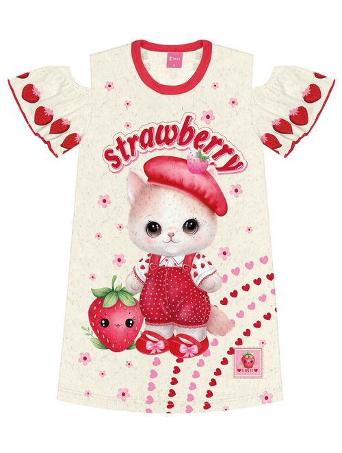 Vestido Infantil Menina Strawberry Gatinha Off White E Vermelho Cinti