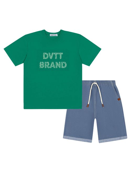 Conjunto Infantil Menino Camiseta E Bermuda Dvtt Brand Verde E Azul Jeans Divertto