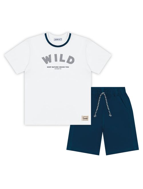 Conjunto Infantil Menino Camiseta E Bermuda Wild Branco E Azul Marinho Divertto