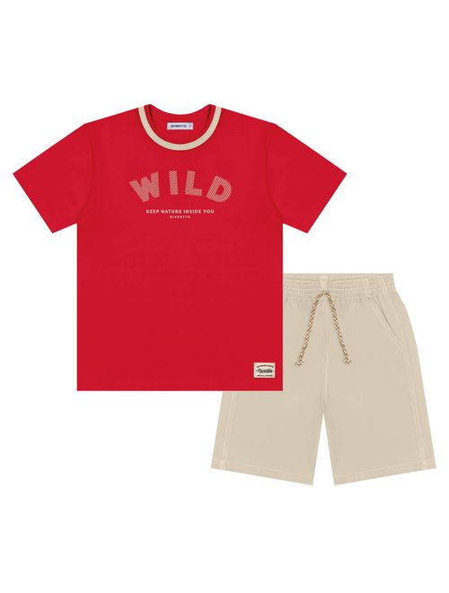 Conjunto Infantil Menino Camiseta E Bermuda Wild Vermelho E Bege Divertto