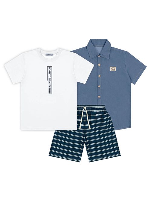 Conjunto Infantil Menino Camiseta, Bermuda E Camisa Branco E Azul Marinho Divertto