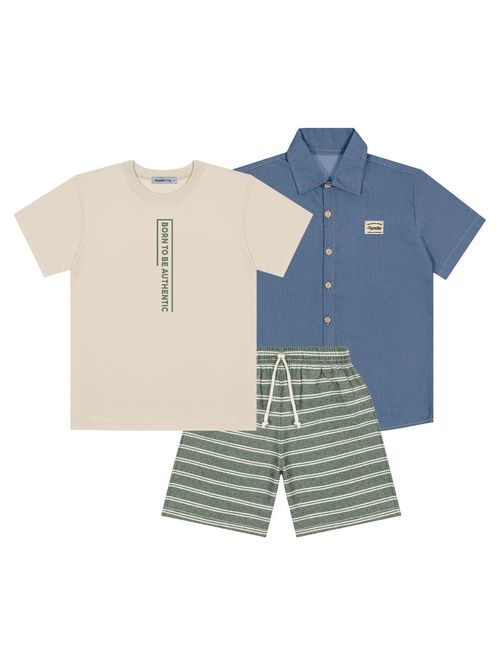 Conjunto Infantil Menino Camiseta, Bermuda E Camisa Bege E Verde Divertto