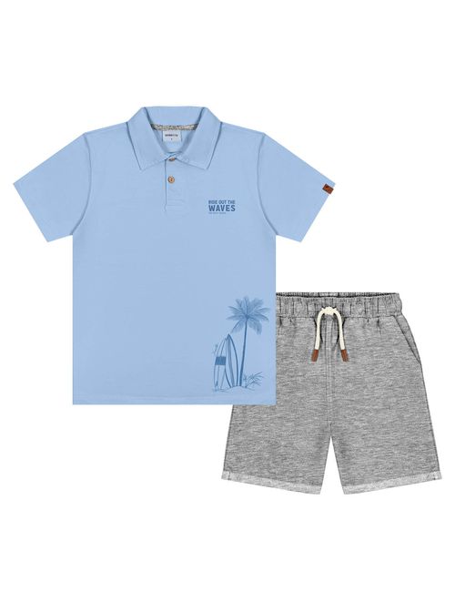 Conjunto Infantil Menino Camisa Polo Coqueiro E Bermuda Azul E Mescla Divertto