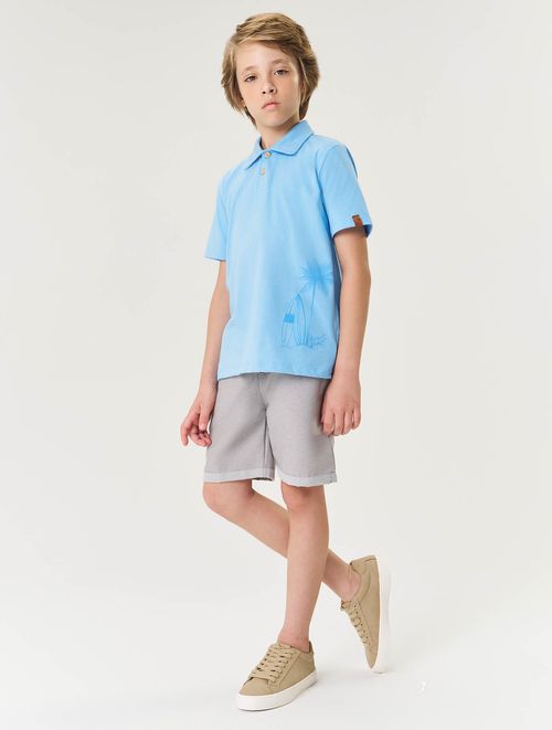 Conjunto Infantil Menino Camisa Polo Coqueiro E Bermuda Azul E Mescla Divertto