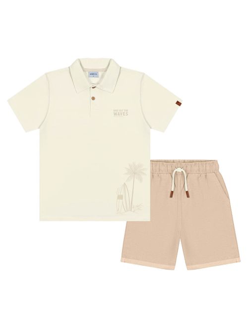 Conjunto Infantil Menino Camisa Polo Coqueiro E Bermuda Natural E Bege Divertto