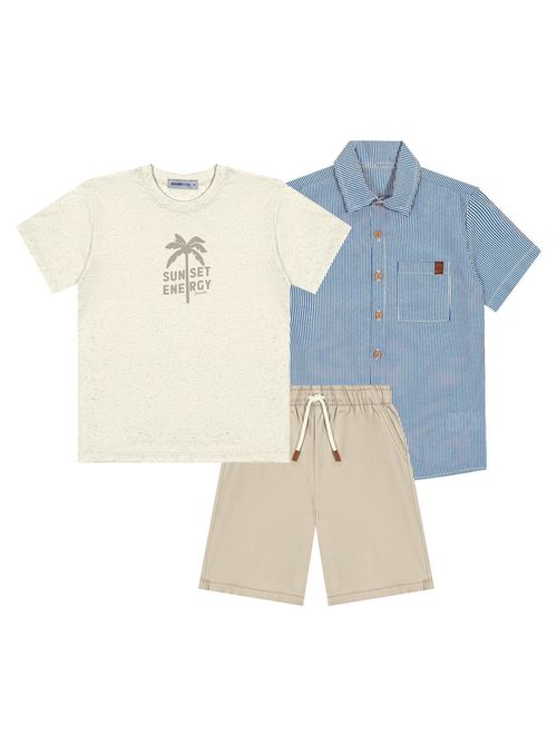 Conjunto Infantil Menino Camiseta Coqueiro, Bermuda E Camisa Off White E Bege Divertto