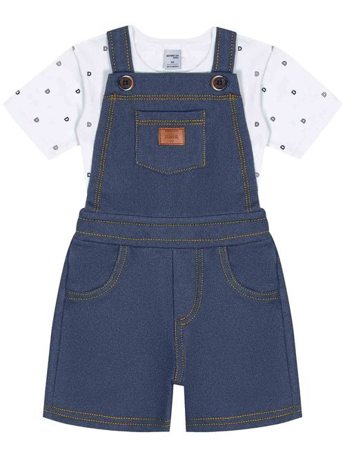 Conjunto Bebê Menino Camiseta E Jardineira Branco E Azul Jeans Escuro Divertto