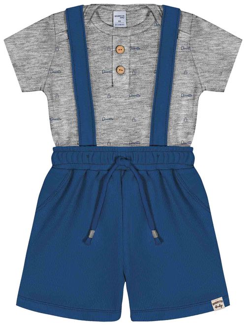 Conjunto Bebê Menino Body E Bermuda Com Suspensório Mescla E Azul Divertto