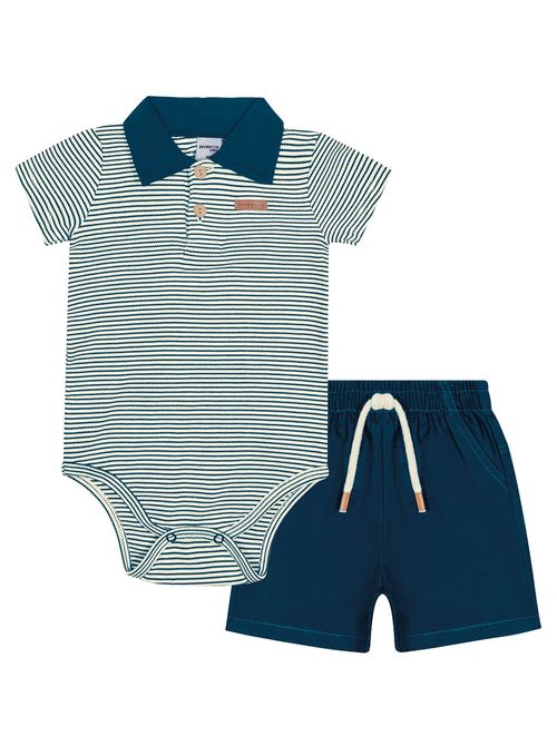 Conjunto Bebê Menino Body Listrado Com Gola Polo E Bermuda Azul Marinho Divertto