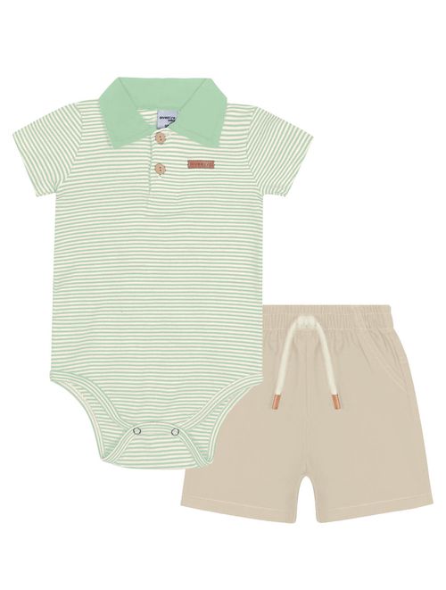 Conjunto Bebê Menino Body Listrado Com Gola Polo E Bermuda Verde E Marrom Divertto