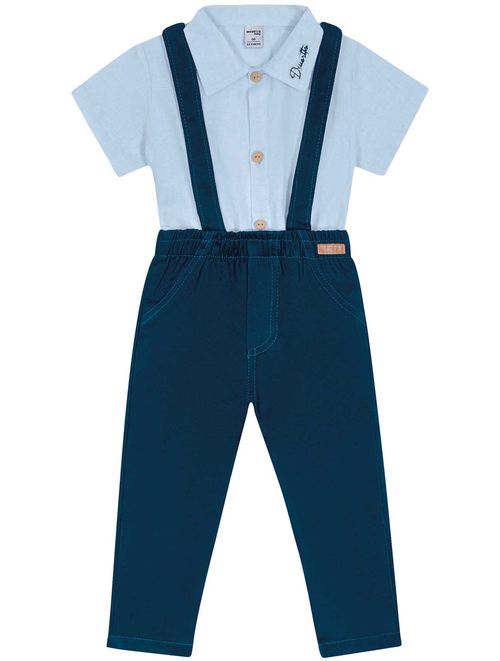 Conjunto Bebê Menino Body E Calça Com Suspensório Azul E Azul Marinho Divertto