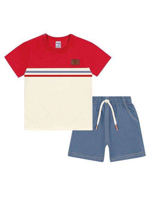 Conjunto Bebê Menino Camiseta Listrada E Bermuda Vermelho E Jeans Médio Divertto