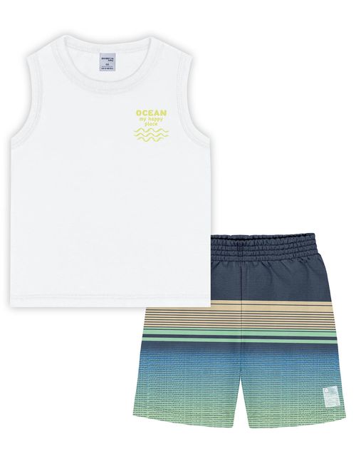 Conjunto Bebê Menino Regata E Bermuda Listrada Branco E Azul Marinho Divertto