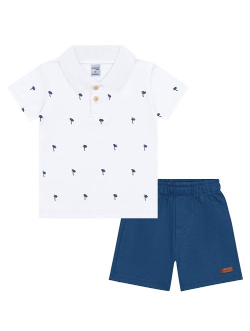 Conjunto Bebê Menino Camisa Polo Coqueiro E Bermuda Branco E Azul Divertto