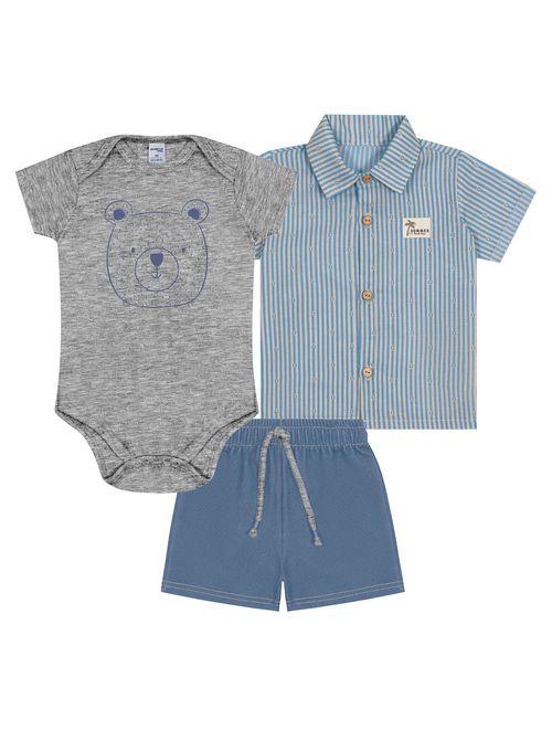 Conjunto Bebê Menino Body, Bermuda E Camisa Ursinho Mescla E Azul Jeans Médio Divertto