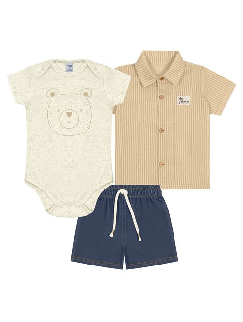 Conjunto Bebê Menino Body, Bermuda E Camisa Ursinho Off White E Azul Jeans Escuro Divertto