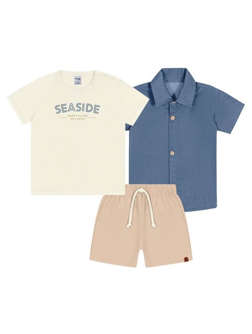 Conjunto Bebê Menino Camiseta Seaside, Bermuda E Camisa Azul Jeans Médio E Bege Divertto