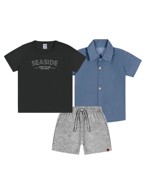 Conjunto Bebê Menino Camiseta Seaside, Bermuda E Camisa Azul Jeans Médio E Mescla Divertto