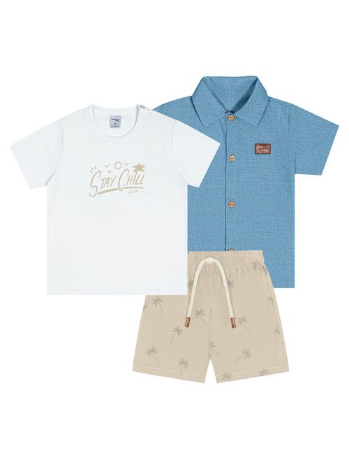 Conjunto Bebê Menino Camiseta Stay Chill, Bermuda E Camisa Azul E Marrom Divertto