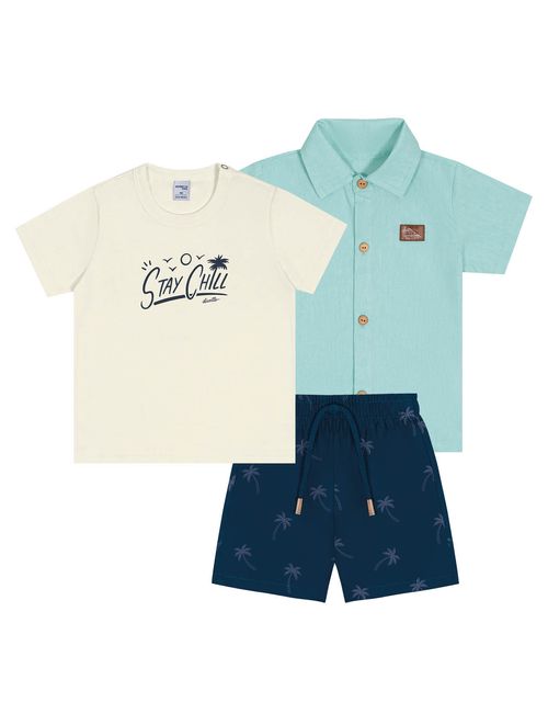 Conjunto Bebê Menino Camiseta Stay Chill, Bermuda E Camisa Verde E Azul Marinho Divertto