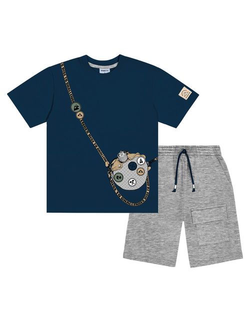 Conjunto Infantil Menino Camiseta E Bermuda Acampamento Azul Marinho E Mescla Divertto