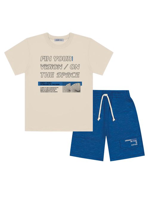 Conjunto Infantil Menino Camiseta E Bermuda Fix Your Vision Bege E Azul Divertto