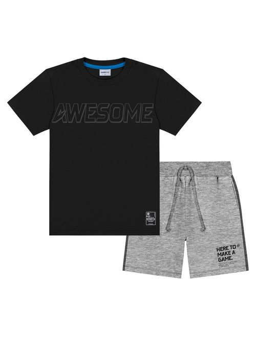 Conjunto Infantil Menino Camiseta E Bermuda Awesone Preto E Mescla Divertto