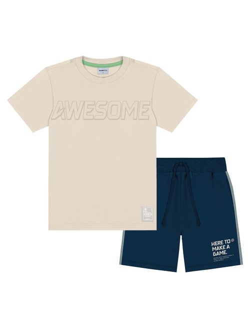 Conjunto Infantil Menino Camiseta E Bermuda Awesone Bege E Azul Marinho Divertto