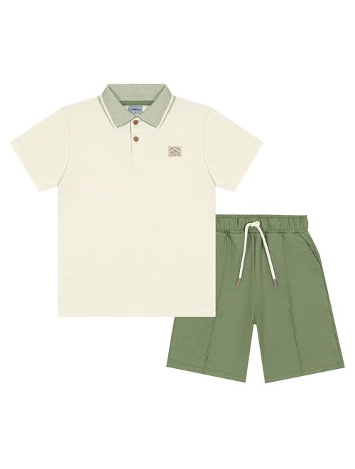 Conjunto Infantil Menino Camisa Polo E Bermuda Natural E Verde Divertto