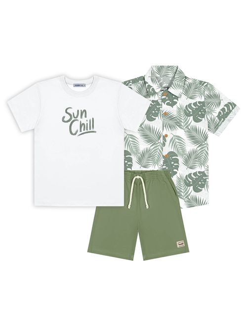 Conjunto Infantil Menino Camiseta Sun Chill, Bermuda E Camisa Folhas Branco E Verde Divertto