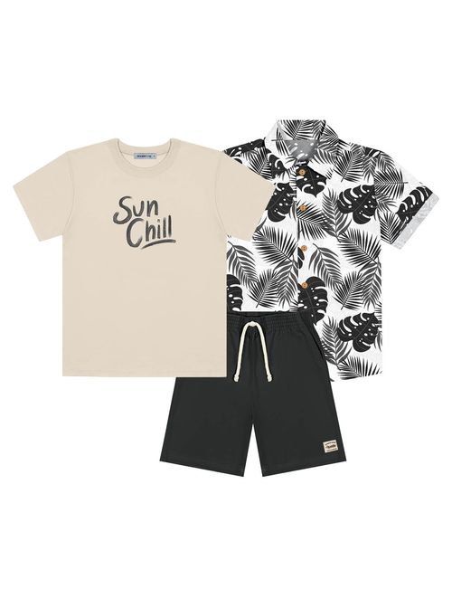 Conjunto Infantil Menino Camiseta Sun Chill, Bermuda E Camisa Folhas Bege E Preto Divertto