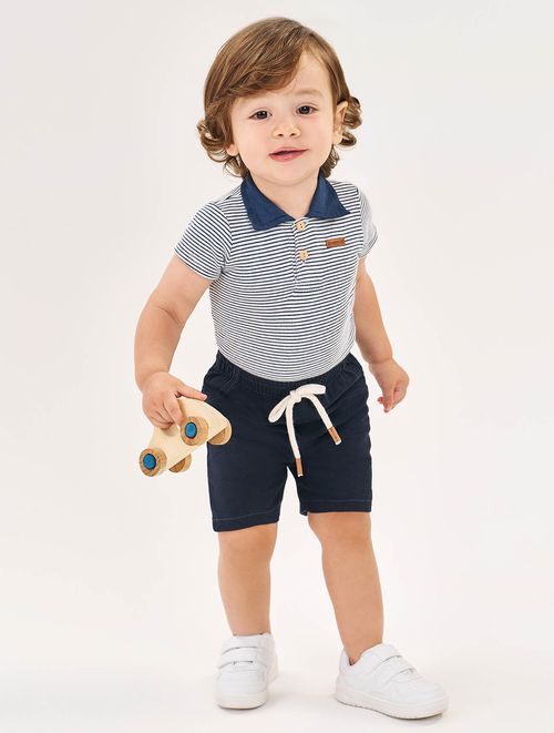 Conjunto Bebê Menino Body Listrado Com Gola Polo E Bermuda Azul Marinho Divertto