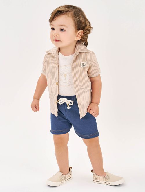 Conjunto Bebê Menino Body, Bermuda E Camisa Ursinho Off White E Azul Jeans Escuro Divertto