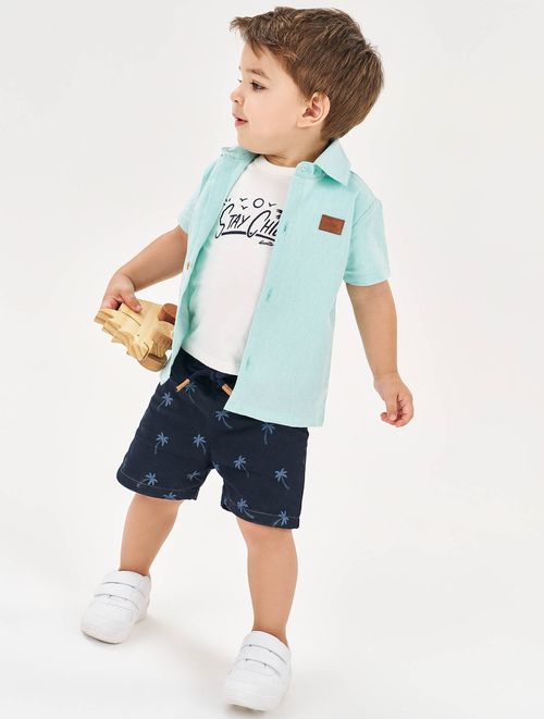 Conjunto Bebê Menino Camiseta Stay Chill, Bermuda E Camisa Verde E Azul Marinho Divertto