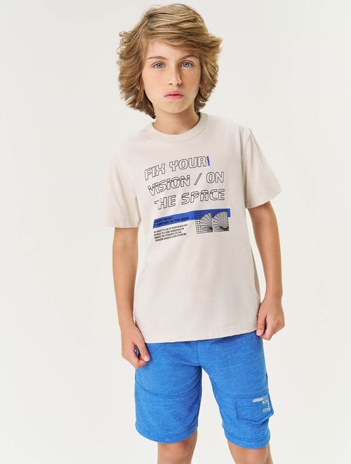 Conjunto Infantil Menino Camiseta E Bermuda Fix Your Vision Bege E Azul Divertto