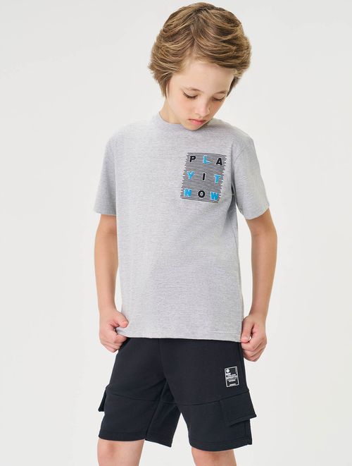 Conjunto Infantil Menino Camiseta E Bermuda Com Estampa Costas Play It Now Mescla E Preto Divertto