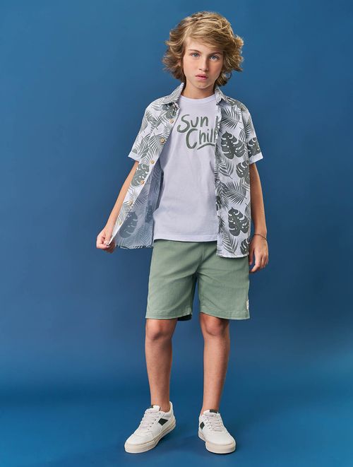 Conjunto Infantil Menino Camiseta Sun Chill, Bermuda E Camisa Folhas Bege E Preto Divertto