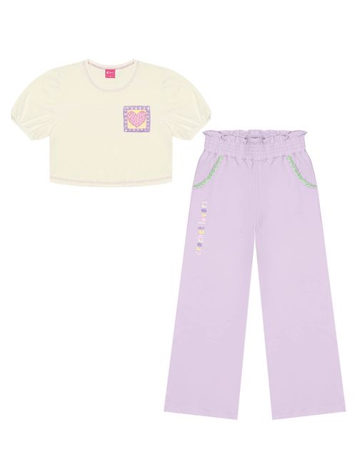 Conjunto Infantil Menina Blusa Cropped E Calça Wide Leg Natural E Lilás Cinti