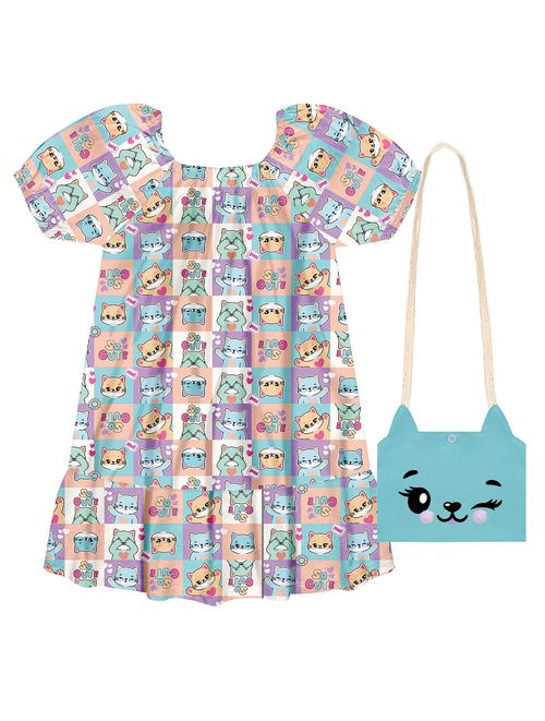 Vestido Infantil Menina Com Bolsa Gatinho Azul Cinti